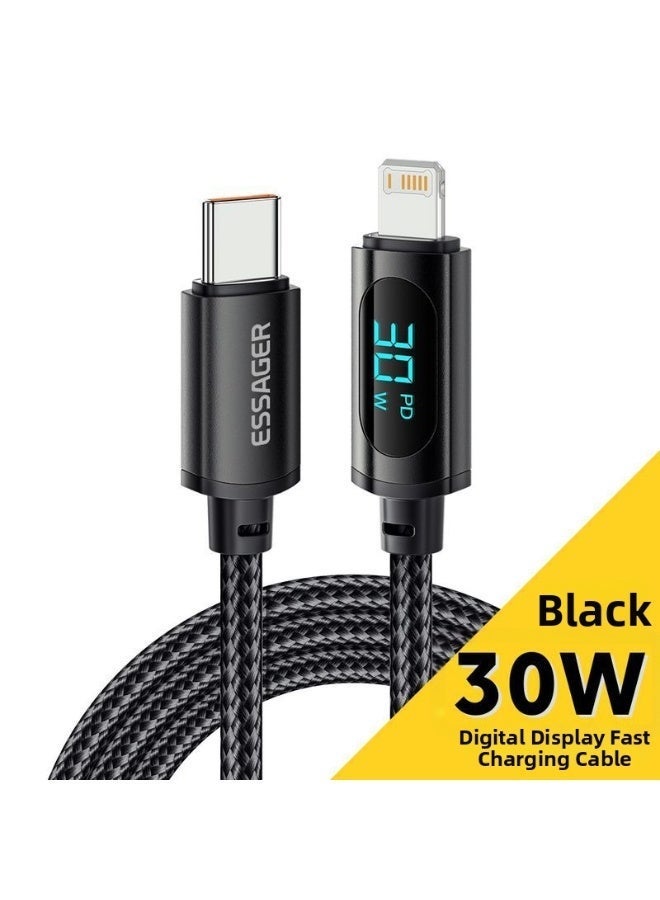 ESSAGER USB C to Lightning Cable 1M with LED Display, Fast Charging Cable 30W PD and QC Compatible, Digital Display Charging Cable with Aluminum Alloy Connector, Smart Charging Cable, Black PD Charging Cable - Image 1